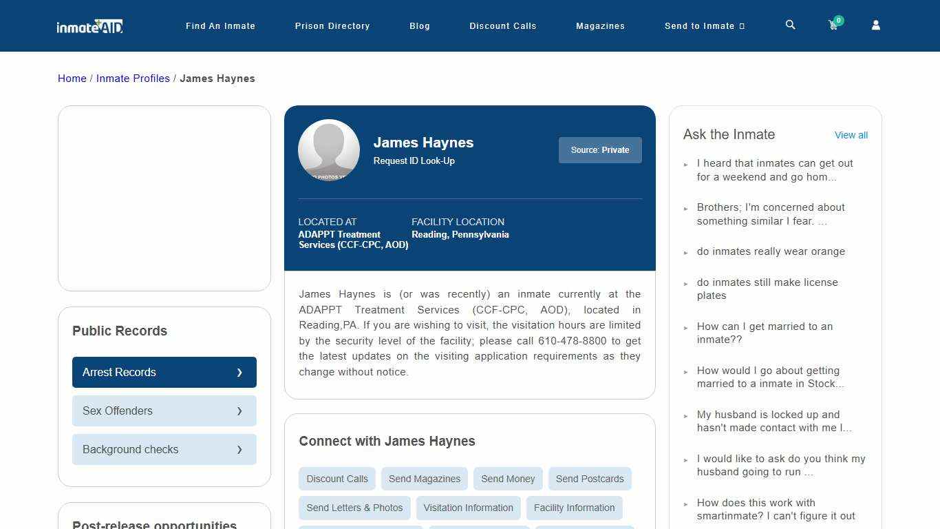 Inmate Search: Connect with James Haynes, Reading, Pennsylvania